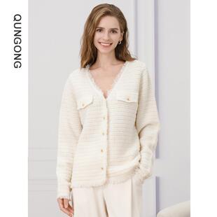 时尚 开衫 百搭针织毛衣 女纯色长袖 群工秋冬新小香风纯山羊绒衫