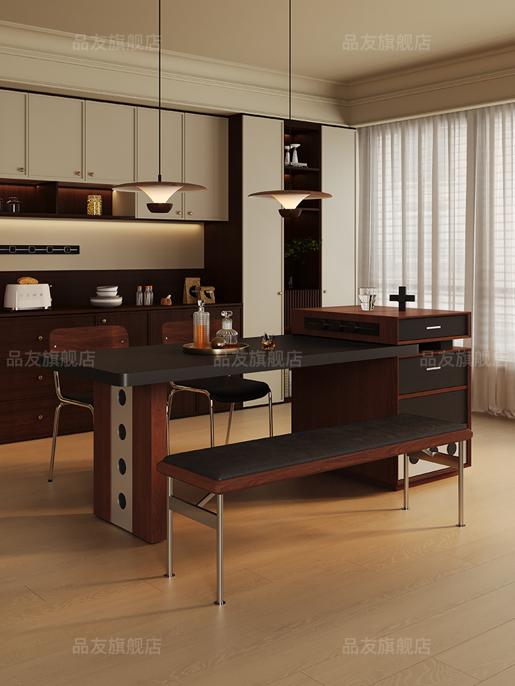 品友包豪斯岩板岛台餐桌一体可伸缩中古风家用覆古实木餐厅倒台桌