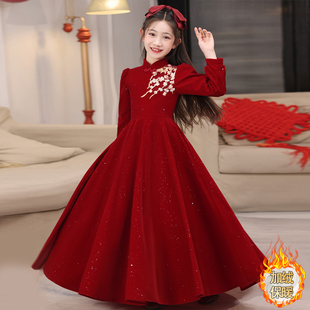 女童新年礼服长袖红色长裙秋冬时尚洋气刺绣加绒公主连衣裙小女孩
