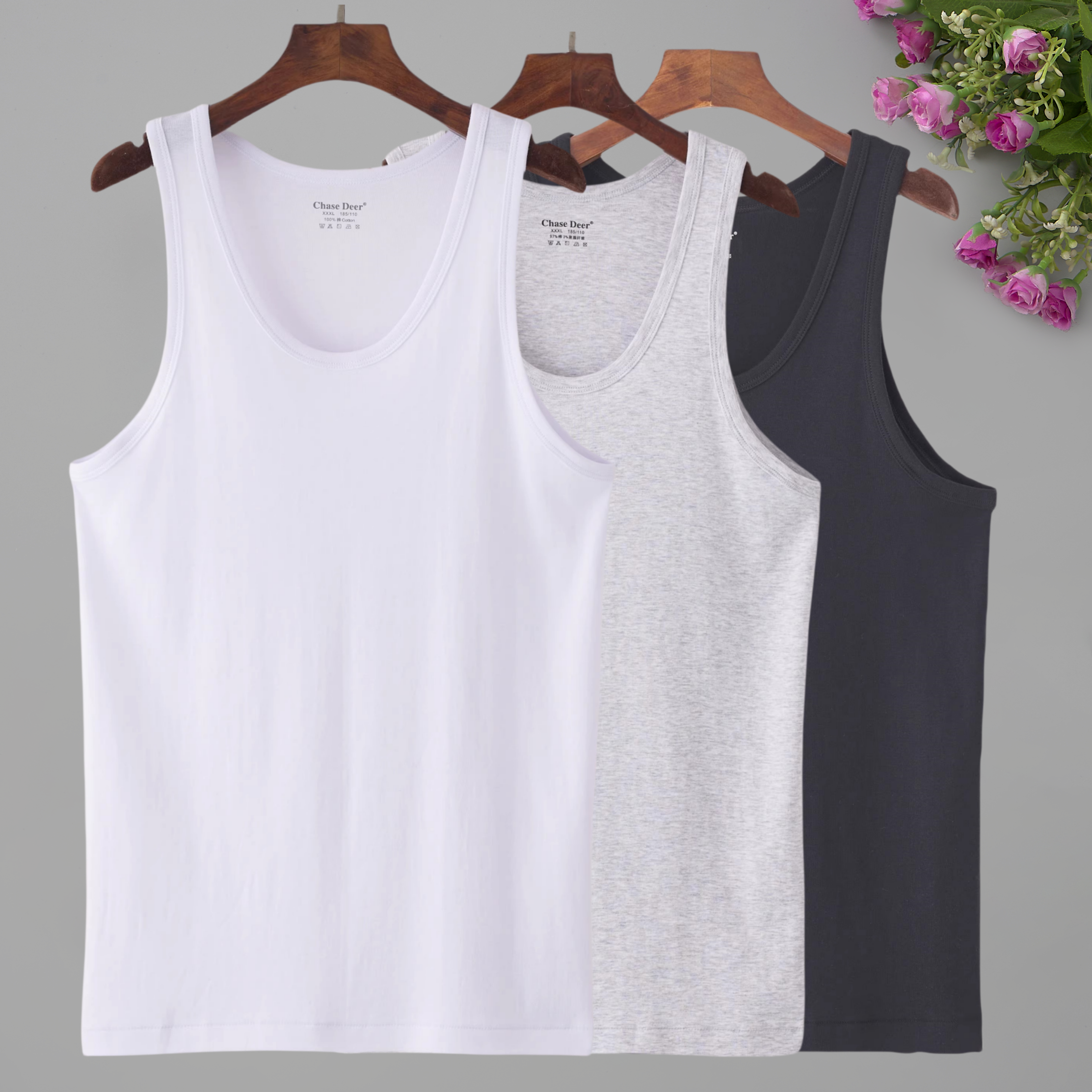 追鹿男背心2308夏季简约白色针织纯棉透气罗纹弹力一片式全棉跨栏