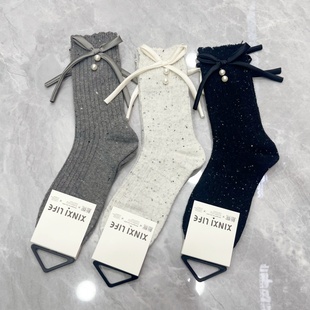 新熙冬季 饰中筒袜女袜高颜值百搭羊毛袜女 甜美风立体蝴蝶结珍珠装