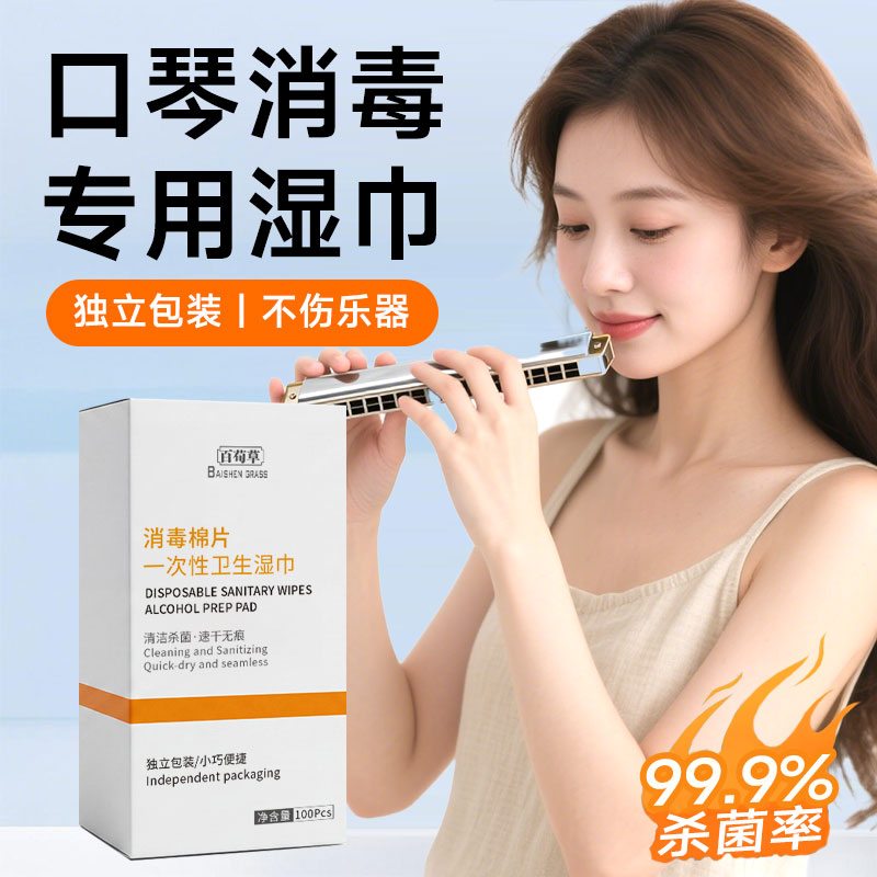 100片口琴专用消毒棉陶笛竖笛葫芦丝口风琴乐器杀菌75度清洁湿巾