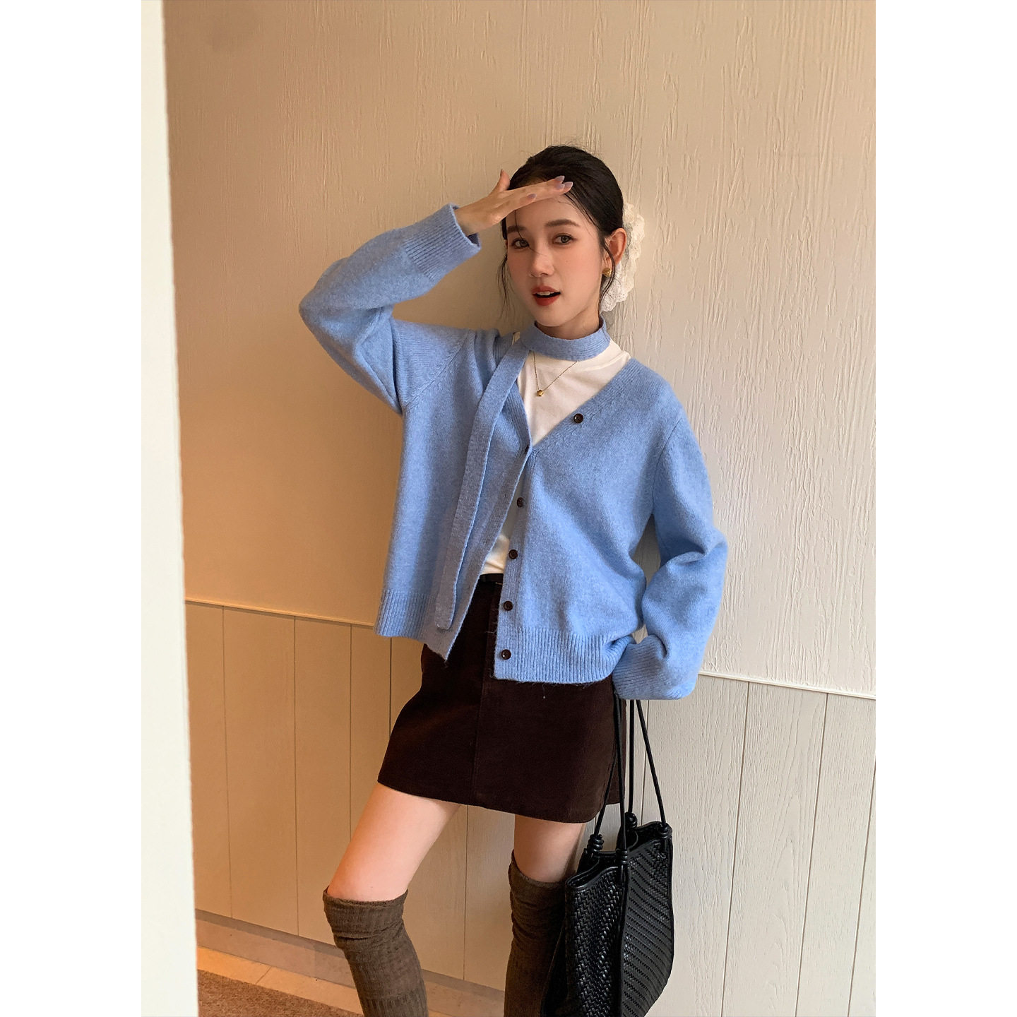 XXGN书写秋日飘带韩系氛围感毛茸茸V字领针织开衫女外套0636