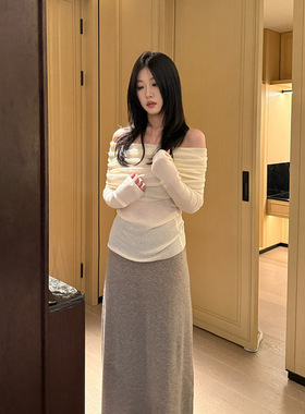 XXGN2025冬季新款褶皱一字肩上衣休闲羊毛针织衫Y169