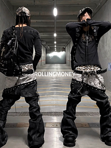 ROLLINGMONEY26SS飞马斜拼作脏刷蜡爆裂纹ro风暗黑轻亚街头牛仔裤