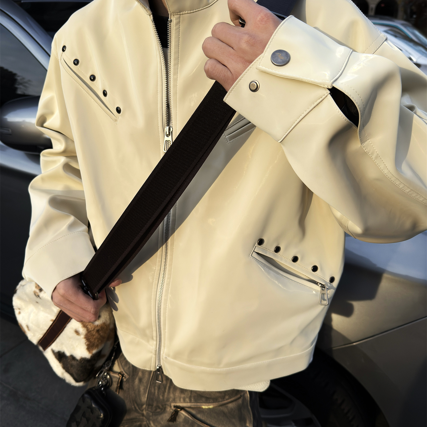 ROLLING MONEY25SS绿松石铆钉PU短宽天丝缎玉机车皮衣夹克外套潮