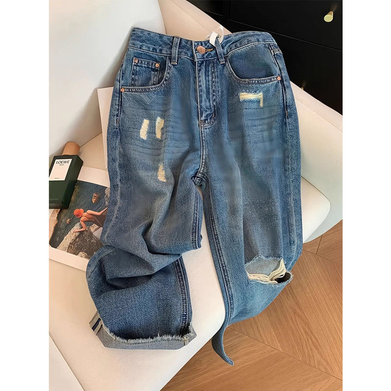 美式破洞毛边阔腿牛仔裤女夏季胖mm大码宽松显瘦小个子九分直筒裤