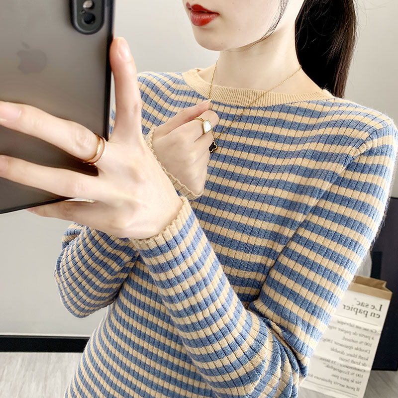 2022年春装新款一字领套头条纹针织打底衫韩版女装洋气百搭毛衣女,女装/女士精品,毛衣,淘宝优惠券,粉丝福利购,淘宝优惠卷