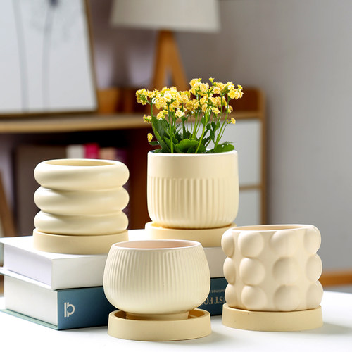 陶瓷多肉花盆家用绿萝精致白色轻奢创意奶油风多肉专用盆大号
