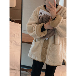 羊羔毛外套女2025年秋冬新款加厚百搭chic圆领摇粒绒上衣ins潮