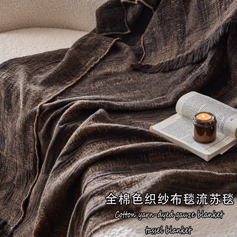 2026新款全棉色织纱布毯家用复古流苏毯纯棉沙发盖毯办公室午休毯