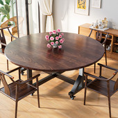 折叠餐桌多功能家用旋转实木覆古圆桌小户型吃饭简易移动桌子