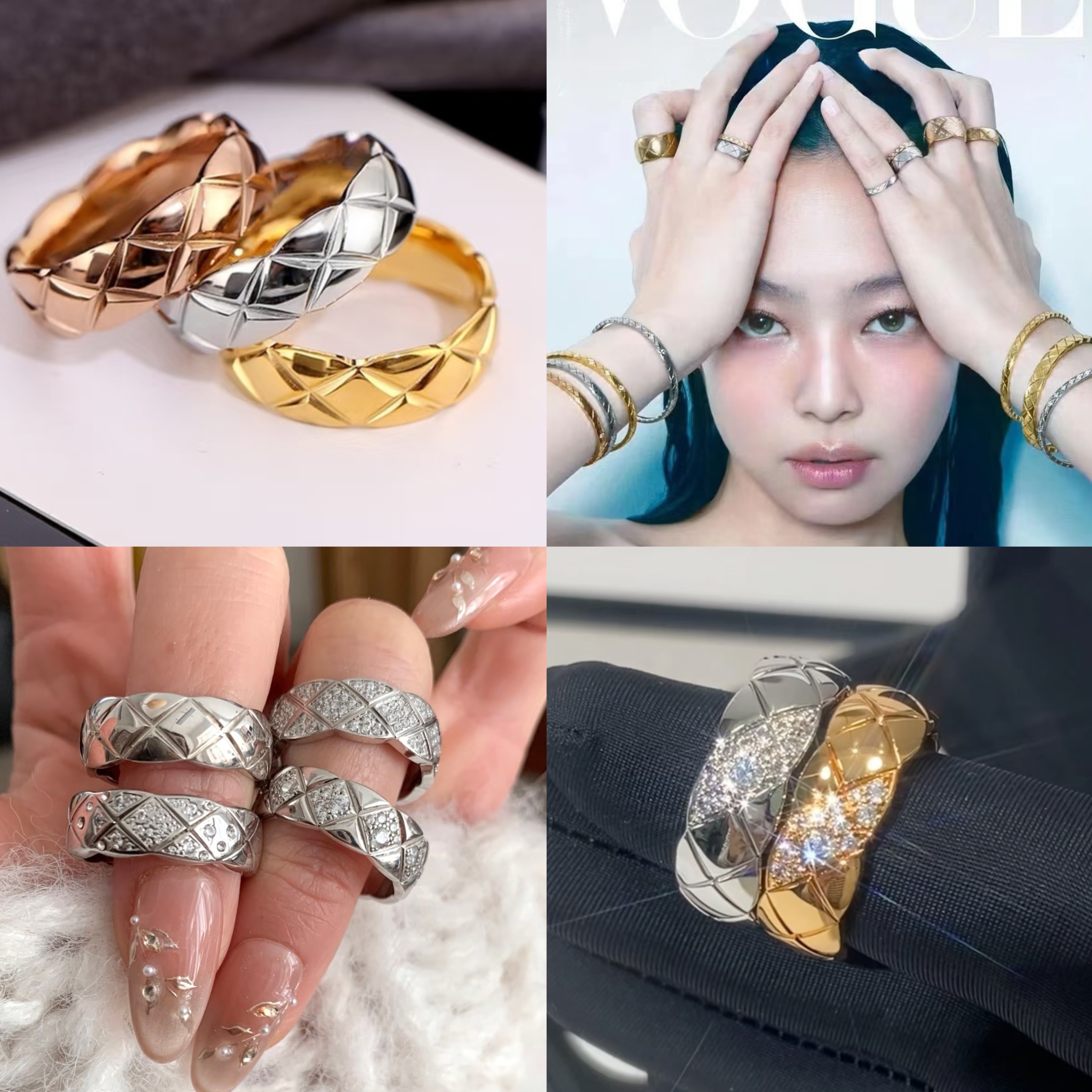 菱格纹戒指轻奢高级感叠戴窄宽v金情侣对戒玫瑰金小香cococ女戒