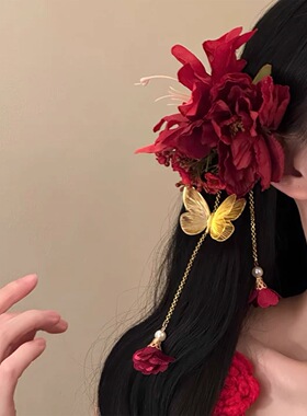 「月揽红棠」2025新款新年红色花朵发夹边夹侧边头饰头花发卡发饰