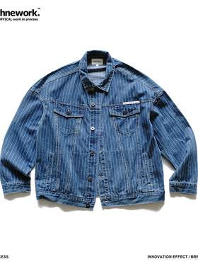 Somethnework 春秋季日系宽松落肩短款复古条纹水洗工装牛仔夹克