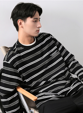 STNW春秋季日系复古黑白色条纹简约长袖T恤潮牌宽松情侣款cityboy