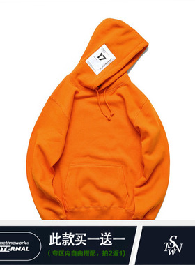 STNW 潮牌冬季加绒加厚休闲橙色宽松情侣装连帽卫衣男女帽衫