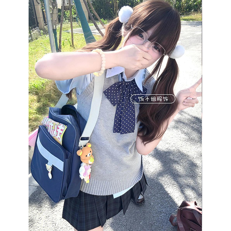 日系JK制服针织衫甜妹套装v领纯色套头马甲背心夏jk格裙短裙套装