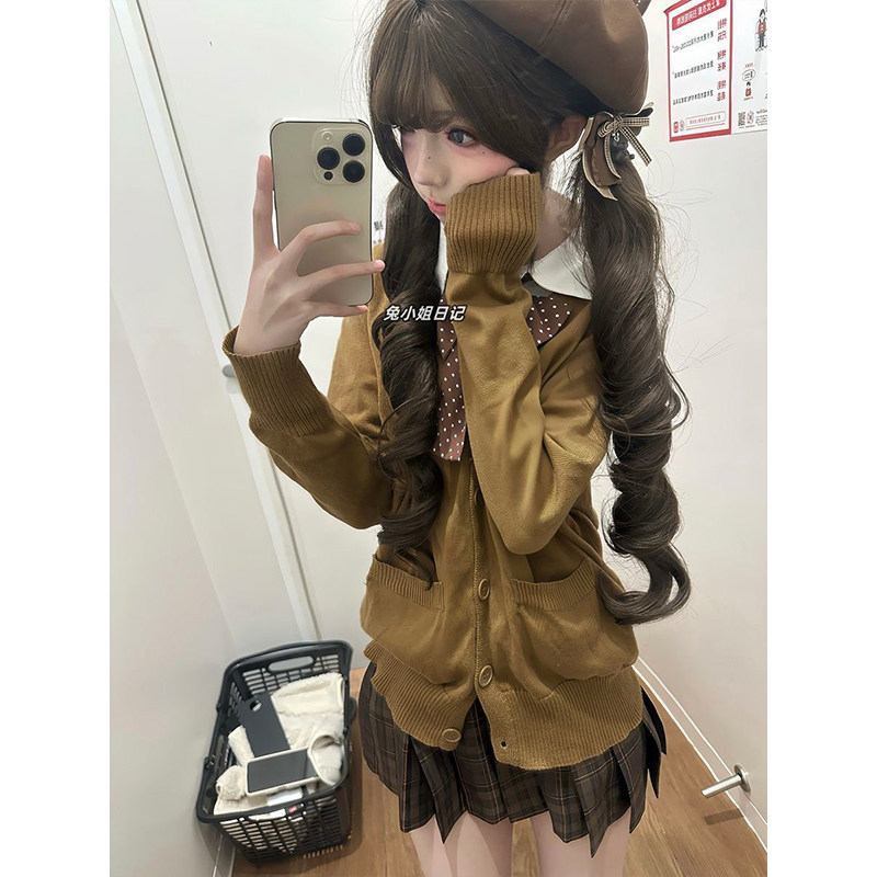 焦糖裙JK格裙秋冬款学院风穿搭叠穿JK制服针织棕色开衫毛衣一整套