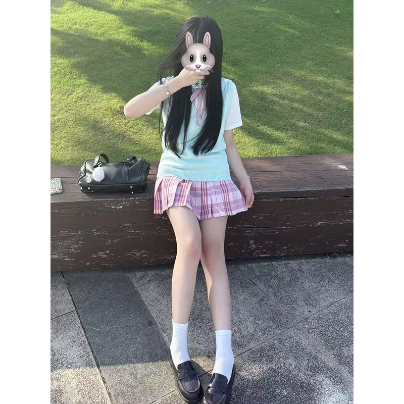 JK制服原创套装V领针织衫背心马甲叠穿短袖上衣校供感百搭糖果裙