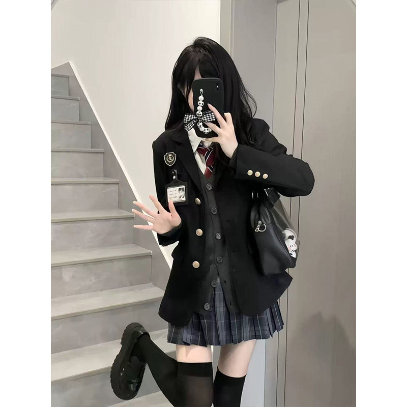 JK制服黑色西装外套气质百搭秋冬款校园风烟灰格裙原创一整套装女