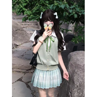 衬衫 款 叠穿短袖 三件套 基础款 果绿色开衫 JK制服针织衫 背心马甲夏季