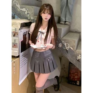 夏季款学院风穿搭粉色短款衬衫上衣甜美校园风百搭短裙JK制服套装
