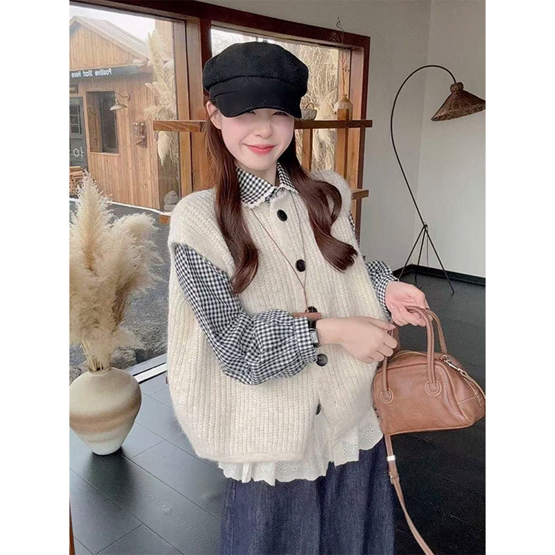 两件套韩系通勤风复古宽松针织马甲毛衣开衫女+蕾丝拼接格纹衬衫,女装/女士精品,时尚套装,淘宝优惠券,粉丝福利购,淘宝优惠卷