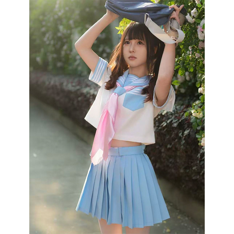 日系正统原创JK制服三本短袖正统水手服萌款软妹蓝色彩虹战队