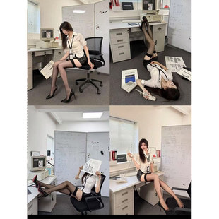 JK一整套 黑色小皮裙原创JK制服纯欲风短袖 收腰修身 白衬衫 辣妹夏季