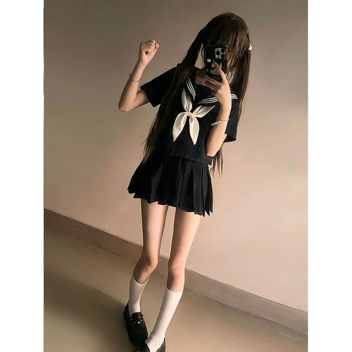 原创三本JK校供制服水手服基础学院款短袖中间黑三本短长裙套装女