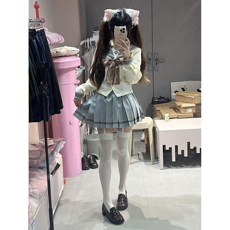 日系夏季jk收腰水手服甜美少女薄荷绿学院风中间服制服裙两件套装