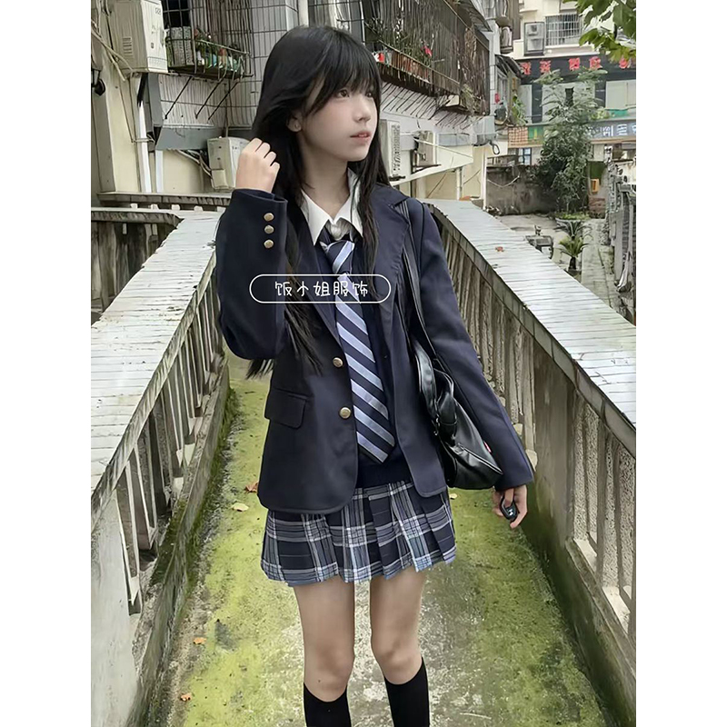 原创jk制服西装外套女正版春秋校供日系学院风三粒扣绀色西服套装