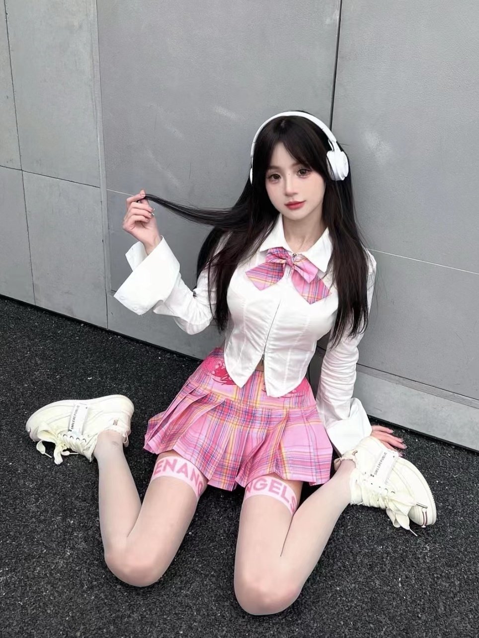 设计感拉链收腰衬衫女原创JK制服套装美式粉格裙原创纯欲风三件套