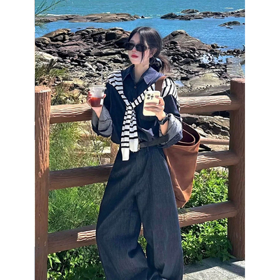 韩版清新慵懒穿搭衬衫简约外搭条纹披肩女小众阔腿长裤套装甜酷风