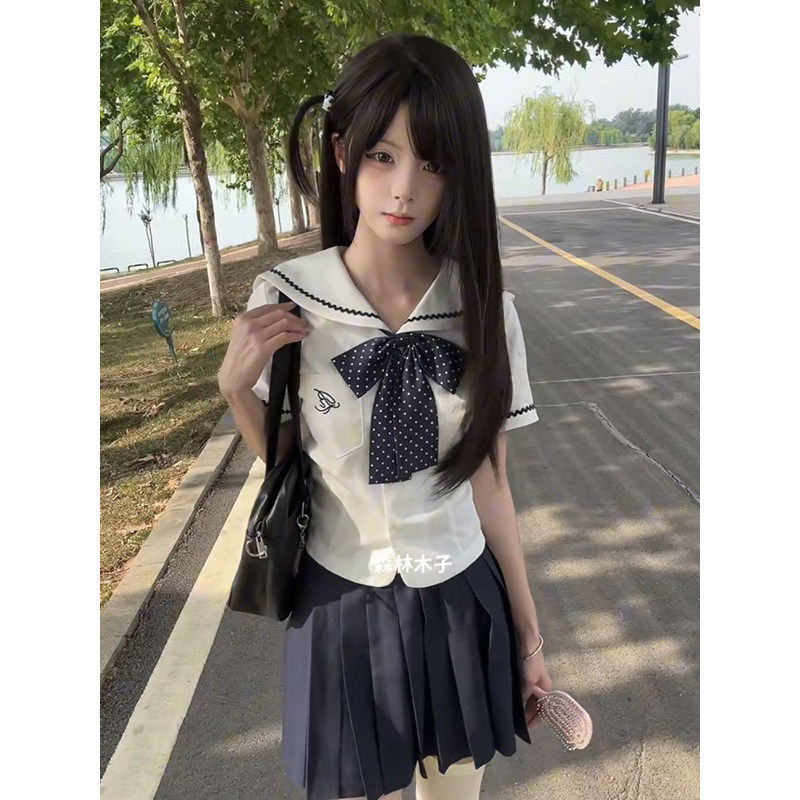 夏季学院原创日系中山校供道线水手服jk制服短袖衬衫上衣短裙套装