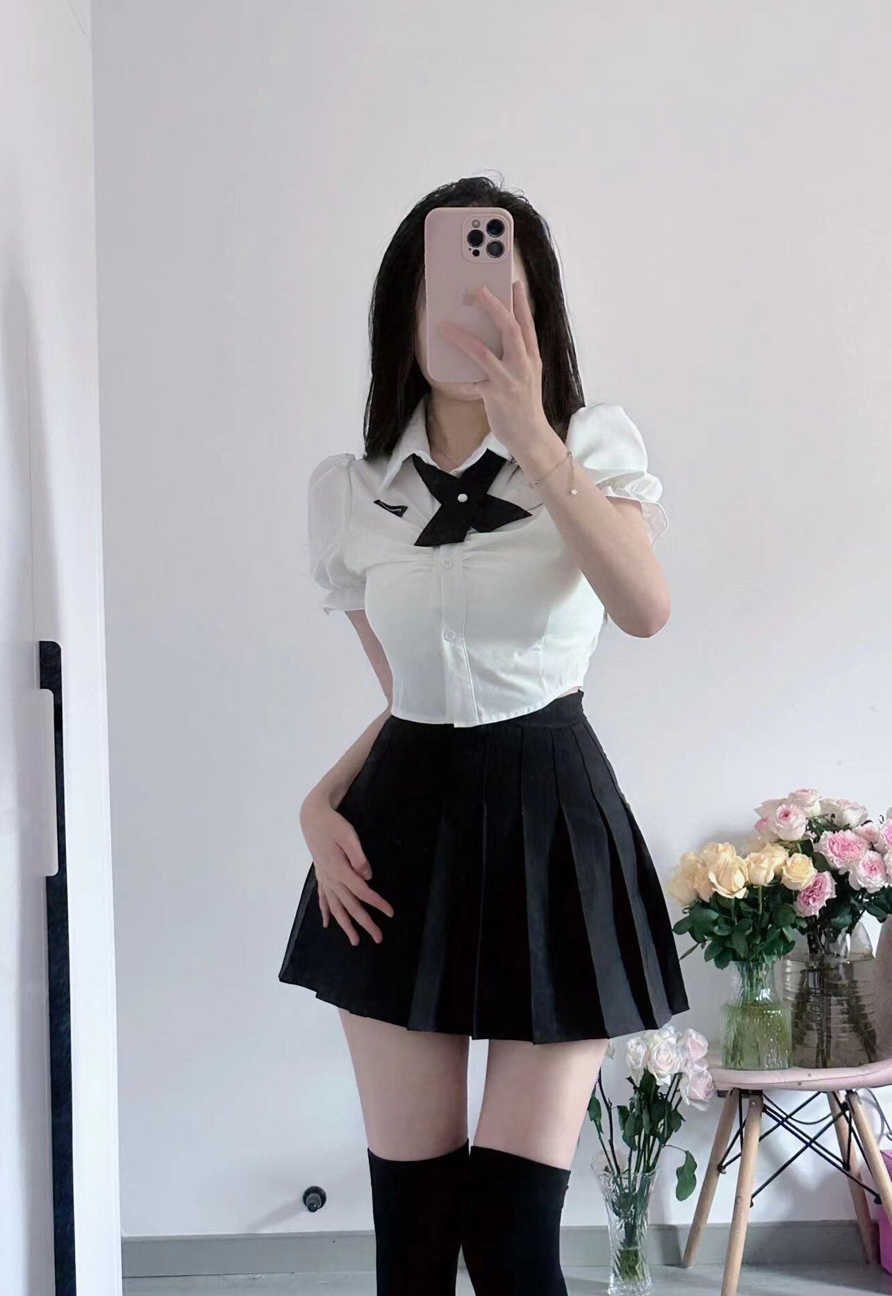 夏季套装女甜美学院风白色泡泡袖显瘦衬衫百褶短裙子jk制服两件套