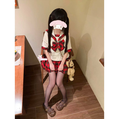 原创苏格兰水手服红格子JK格裙甜美学院风校供感穿搭短袖衬衫套装