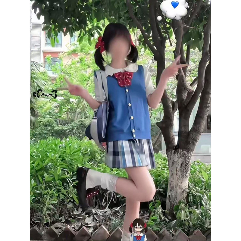 校供感穿搭宝蓝色针织开衫叠穿花边领衬衫新款JK制服韩系学院套装