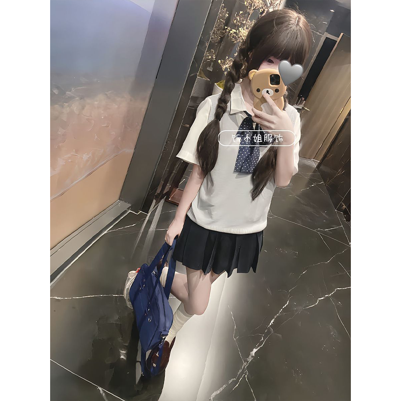 JK原创简约夏季制服针织衫纯色马甲背心针织毛衣衬衫学院短裙套装