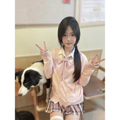 原创JK制服V领针织开衫 外套百搭白桃香短格裙 学院风甜美粉色长袖
