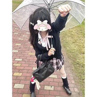 原创JK制服宽松基础款V领针织开衫学院风百搭粉雾海JK裙套装日系