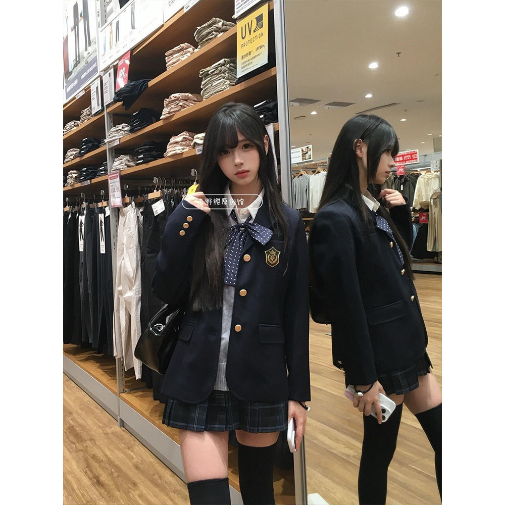 日系JK制服原创高校学姐西装绀色单排扣叠穿外套学院风西服新款女