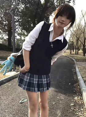 学院风叠穿针织衫背心无袖马甲2024早秋款穿搭基础款上衣短裙套装
