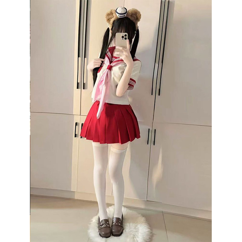 JK制服原创红三本长短袖衬衫水手服学院风穿搭百搭红JK短裙一整套