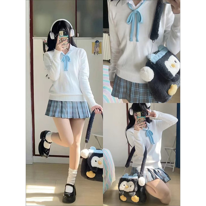 JK制服学院风穿搭针织衫白色毛衣女校供感百搭蓝灰裙秋冬原创套装