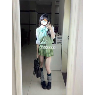 原创JK制服果绿色针织开衫马甲背心套装学院校供长袖衬衫小青梅裙