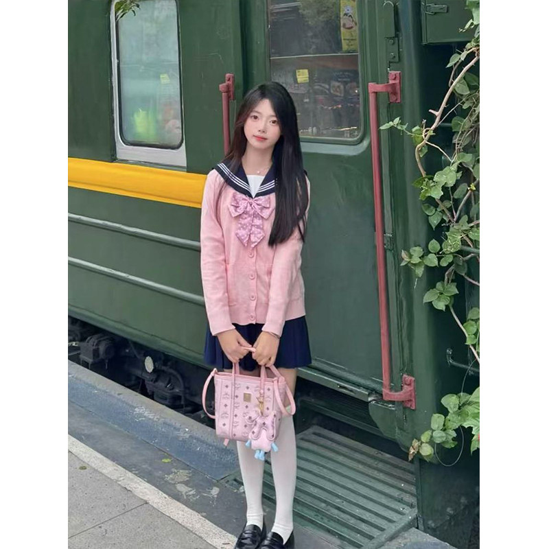 原创jk制服粉色V领针织开衫毛衣秋冬学院风校供穿搭百搭绀色JK裙
