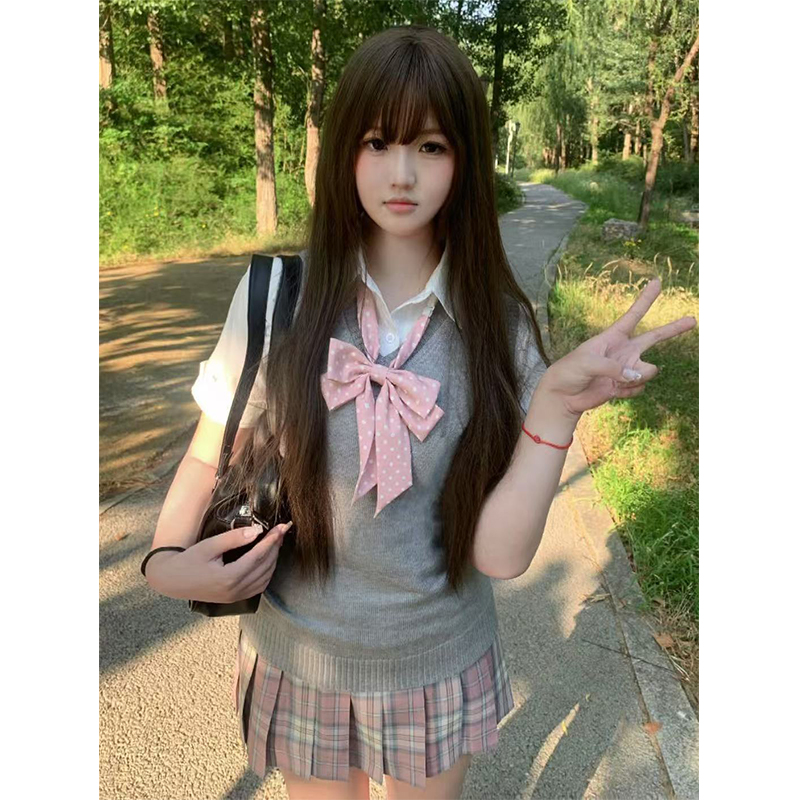 JK制服套装V领背心针织衫马甲叠穿衬衫上衣学院风百搭春时百褶裙