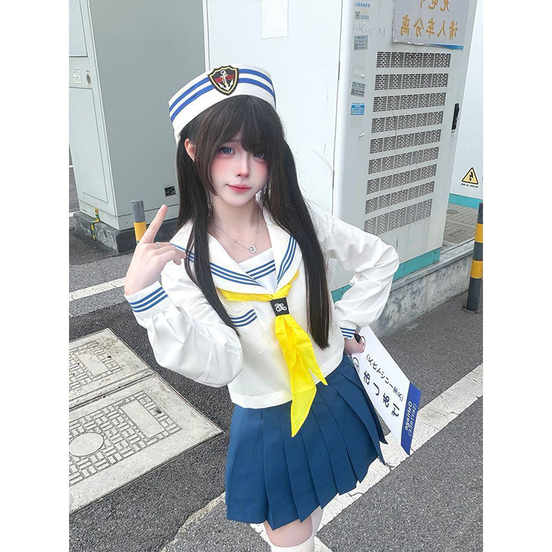 学院风海军领白领蓝长袖短袖衬衫校供感jk水手服JK裙日系一整套装